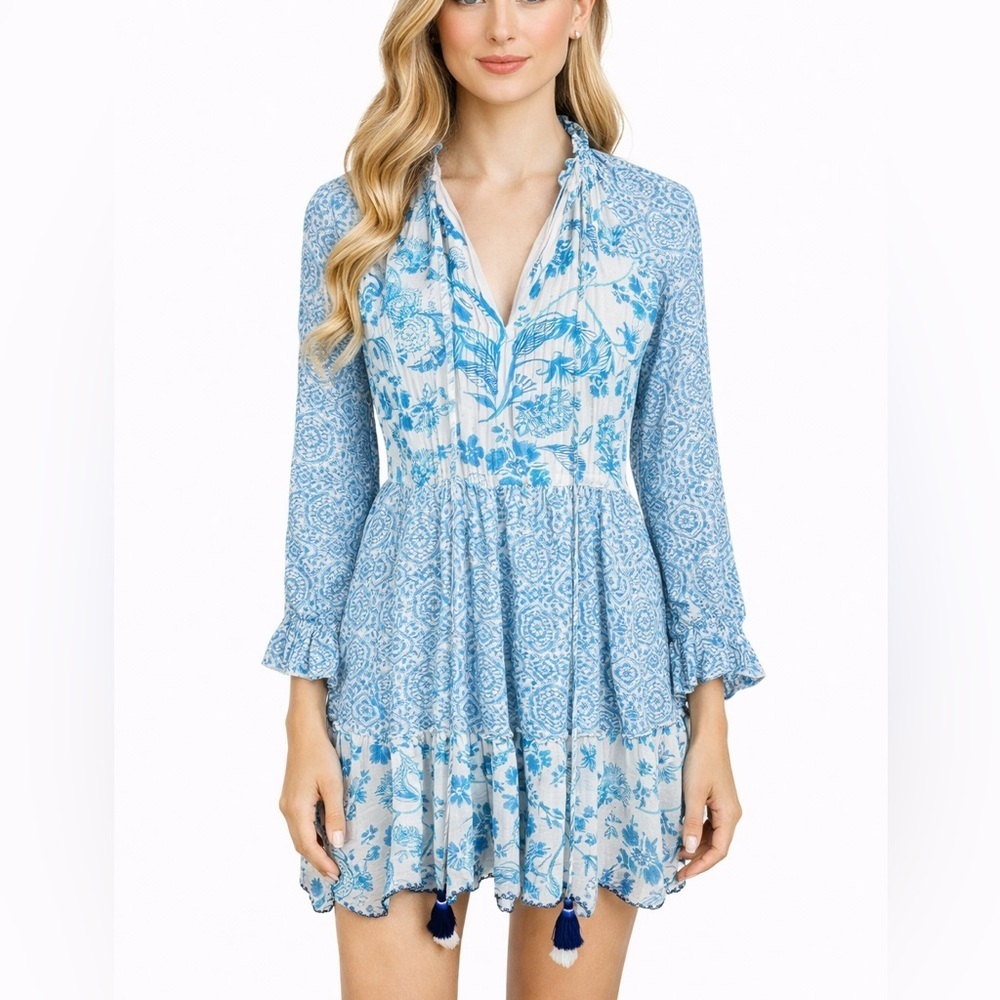 Hemant & Nandita Kaiyo Blue Floral Mini Dress Tassel Ties Boho Peasant Size XS